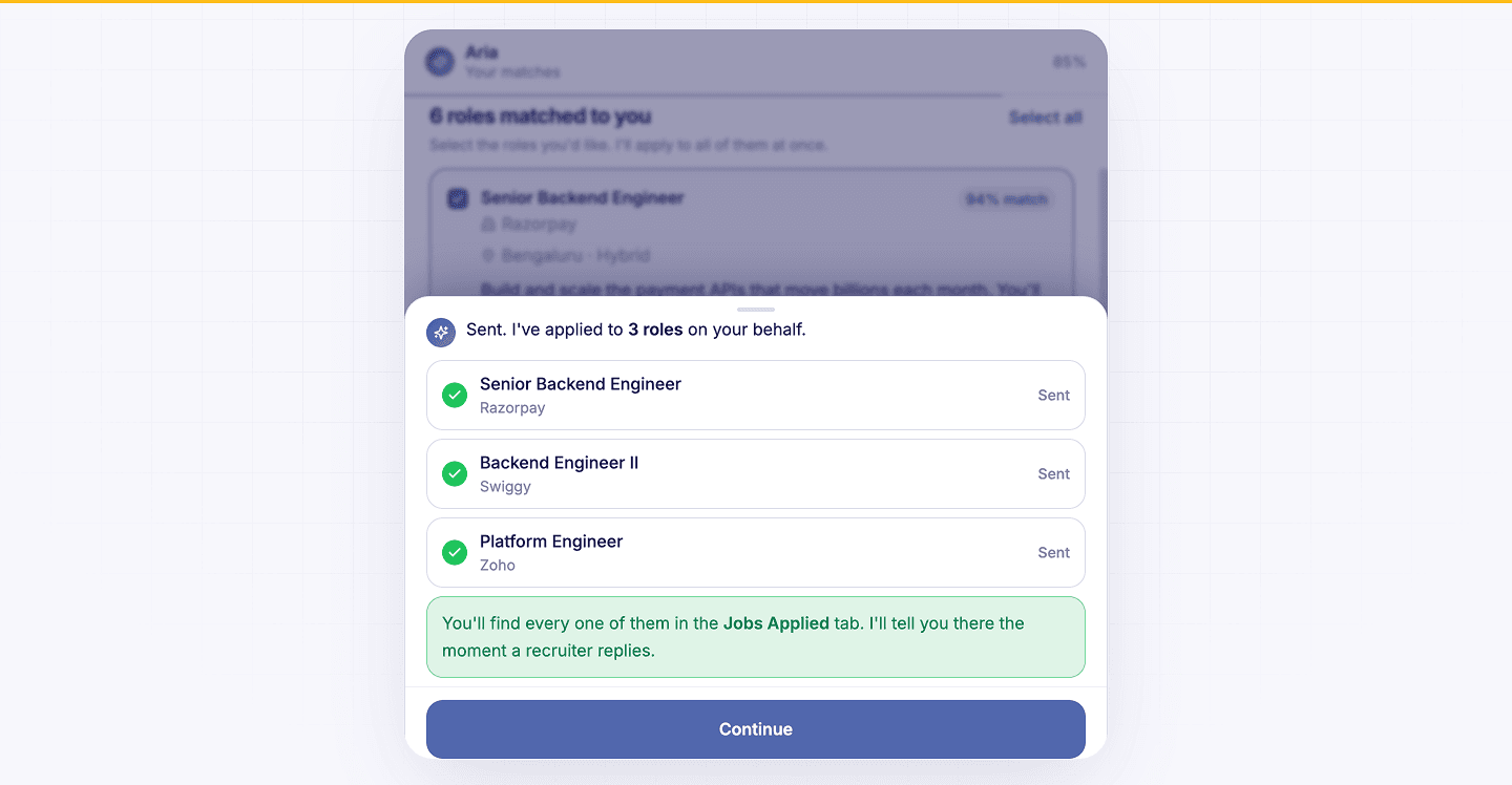 Aria chat interface confirming which roles were applied to on the candidate's behalf