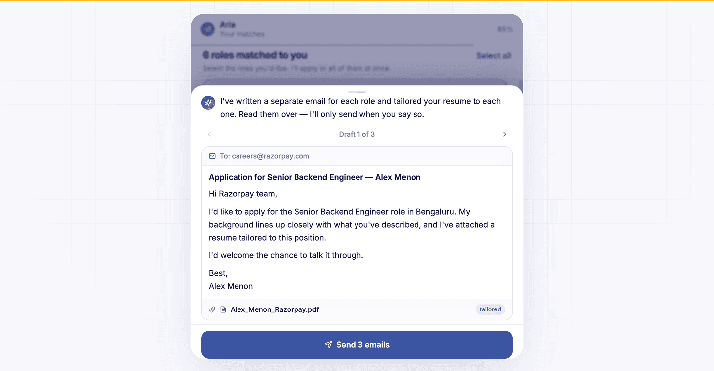 Aria chat interface showing a drafted, tailored application email ready to send
