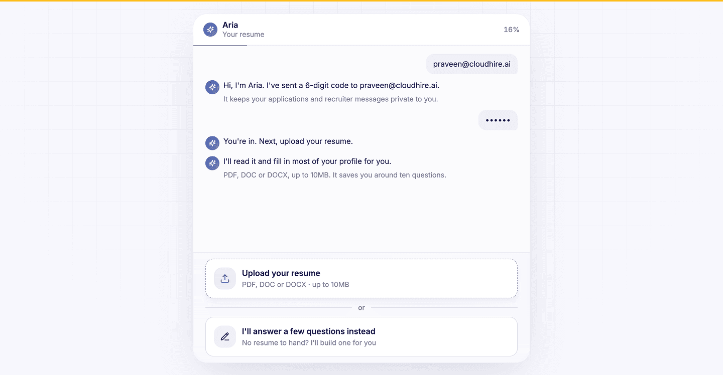 Aria chat interface asking the candidate to upload their resume