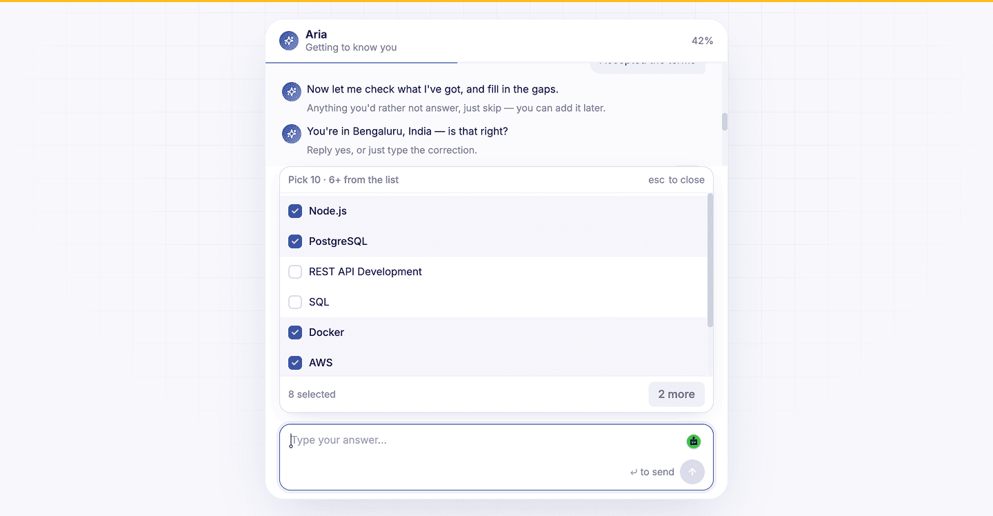 Aria chat interface confirming skills pulled from the resume