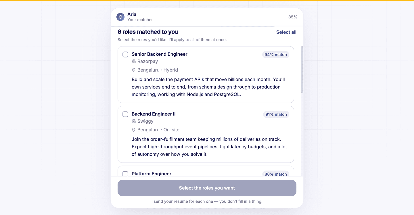 Aria chat interface letting the candidate select which matched roles to apply to