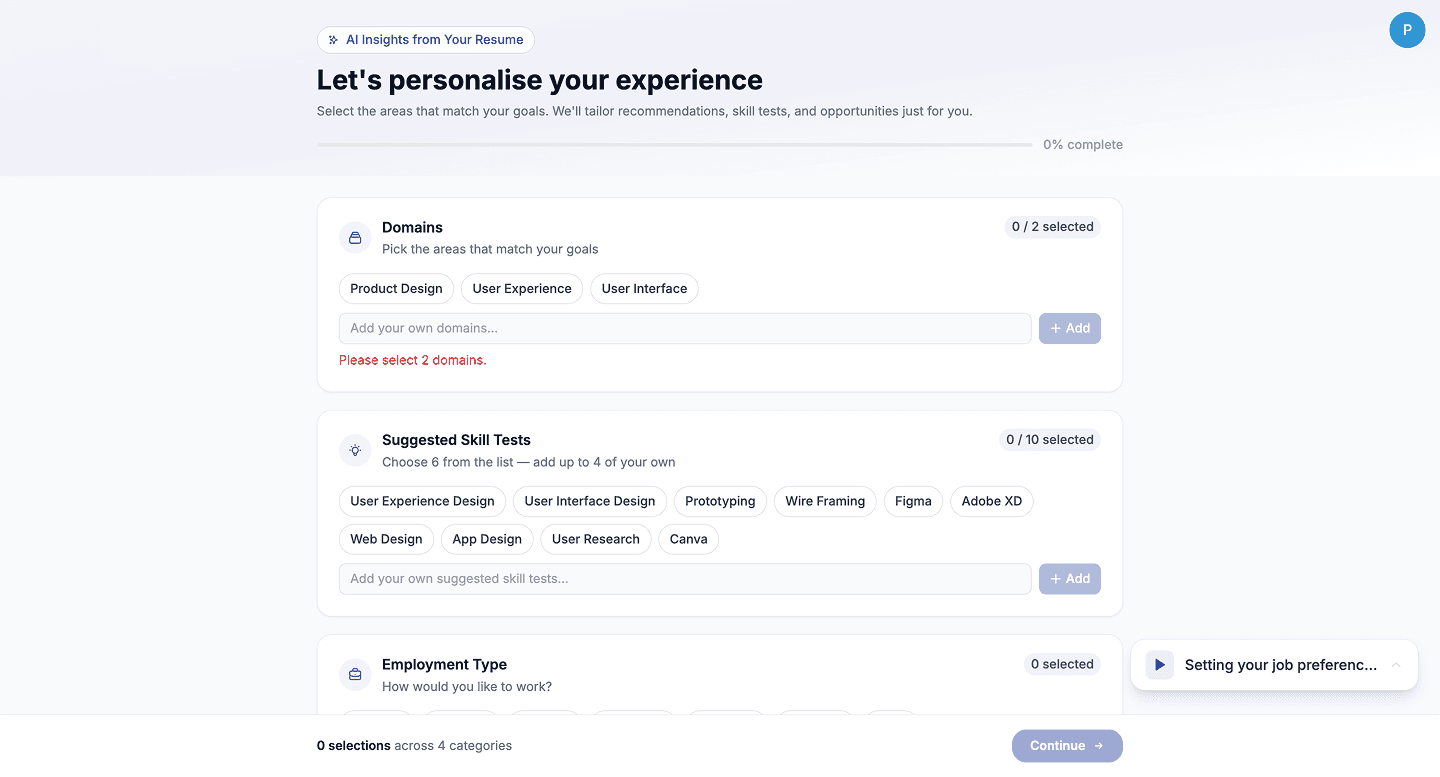 CloudHire preferences step asking for domains and skill tests