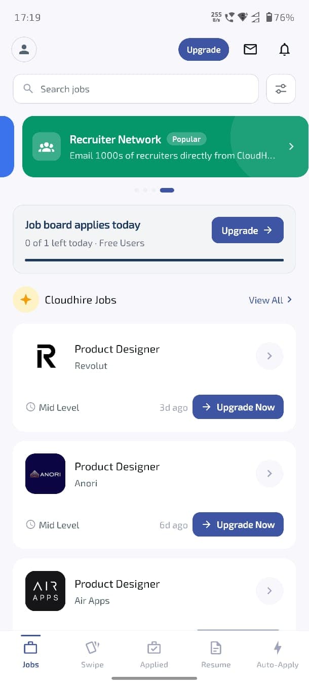 CloudHire mobile jobs board showing a daily usage limit reached with an upgrade prompt