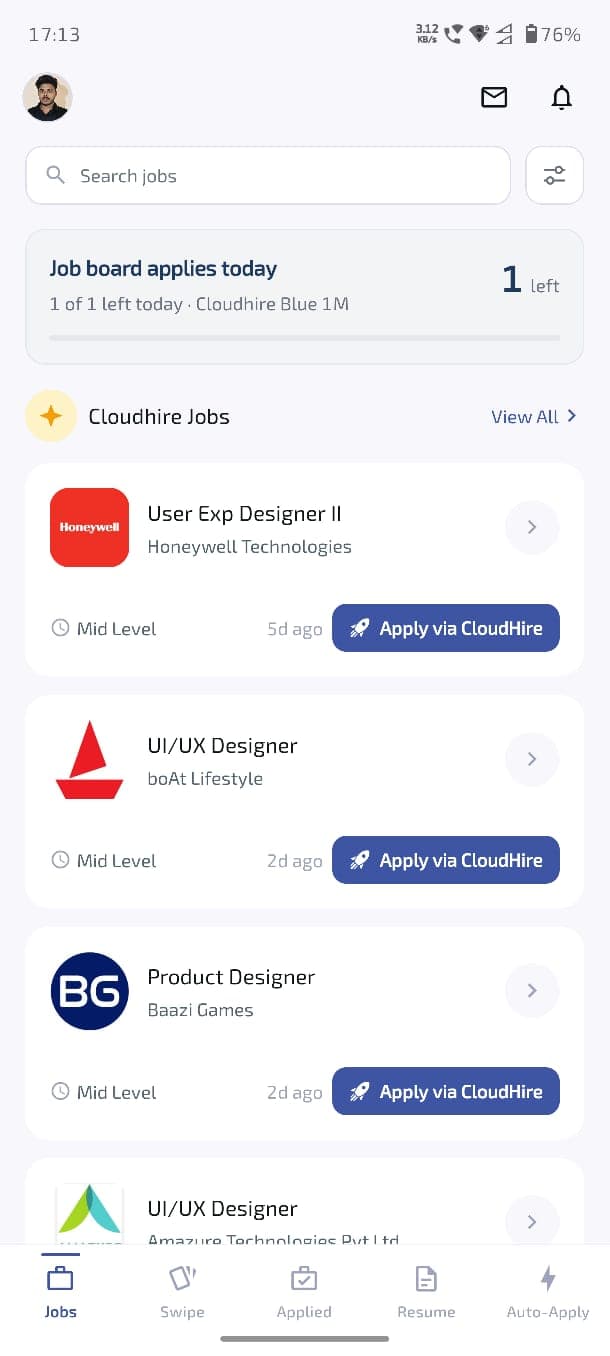 CloudHire mobile jobs board with AI-matched roles and Apply via CloudHire buttons