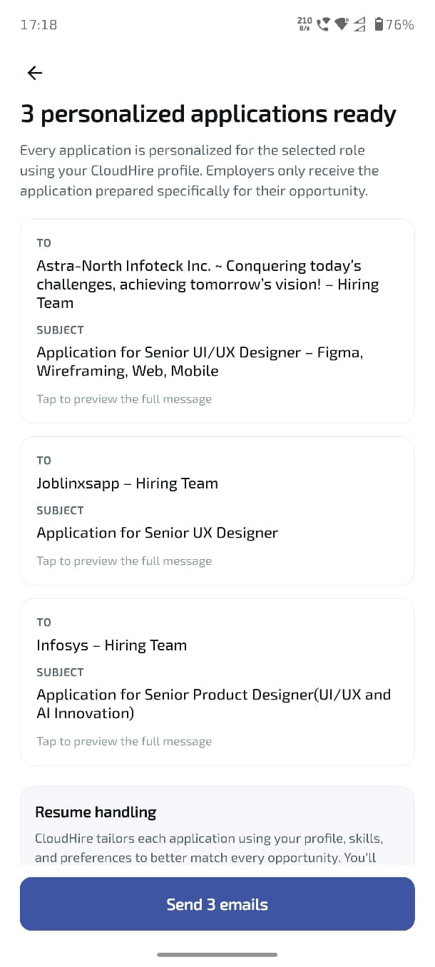 CloudHire mobile onboarding screen showing personalized application emails ready to send