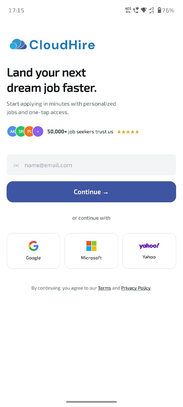 CloudHire mobile onboarding email entry screen