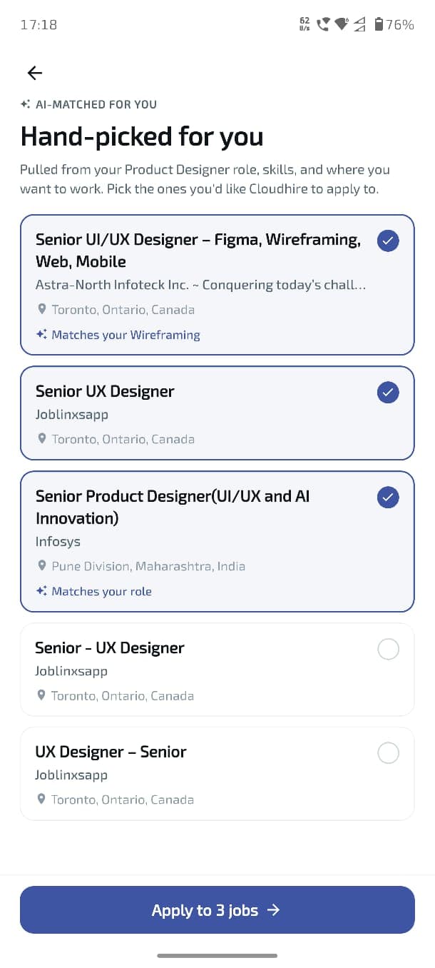 CloudHire mobile onboarding matching jobs selection screen