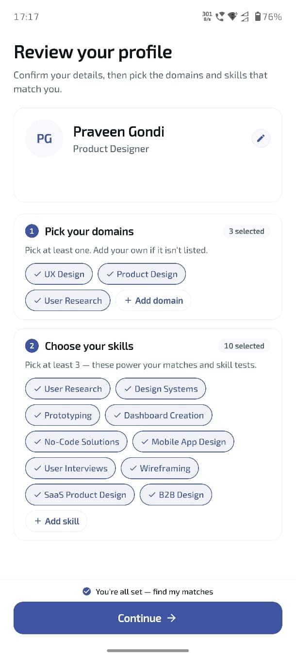 CloudHire mobile onboarding preferences screen pre-filled from the resume