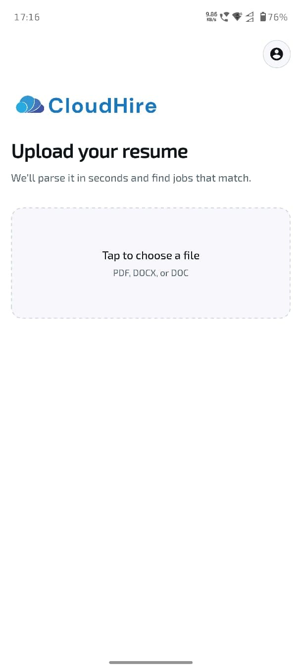 CloudHire mobile onboarding resume upload screen