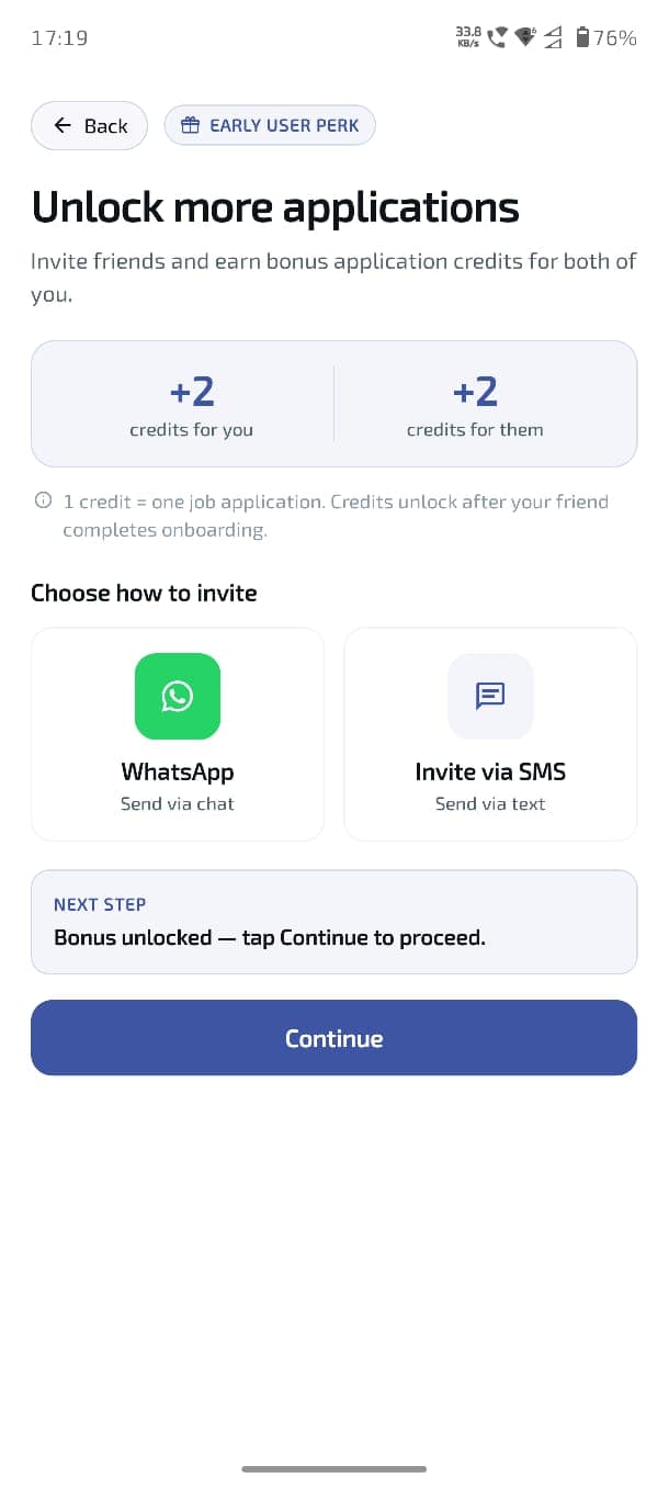 CloudHire mobile referral screen offering bonus application credits for inviting a friend