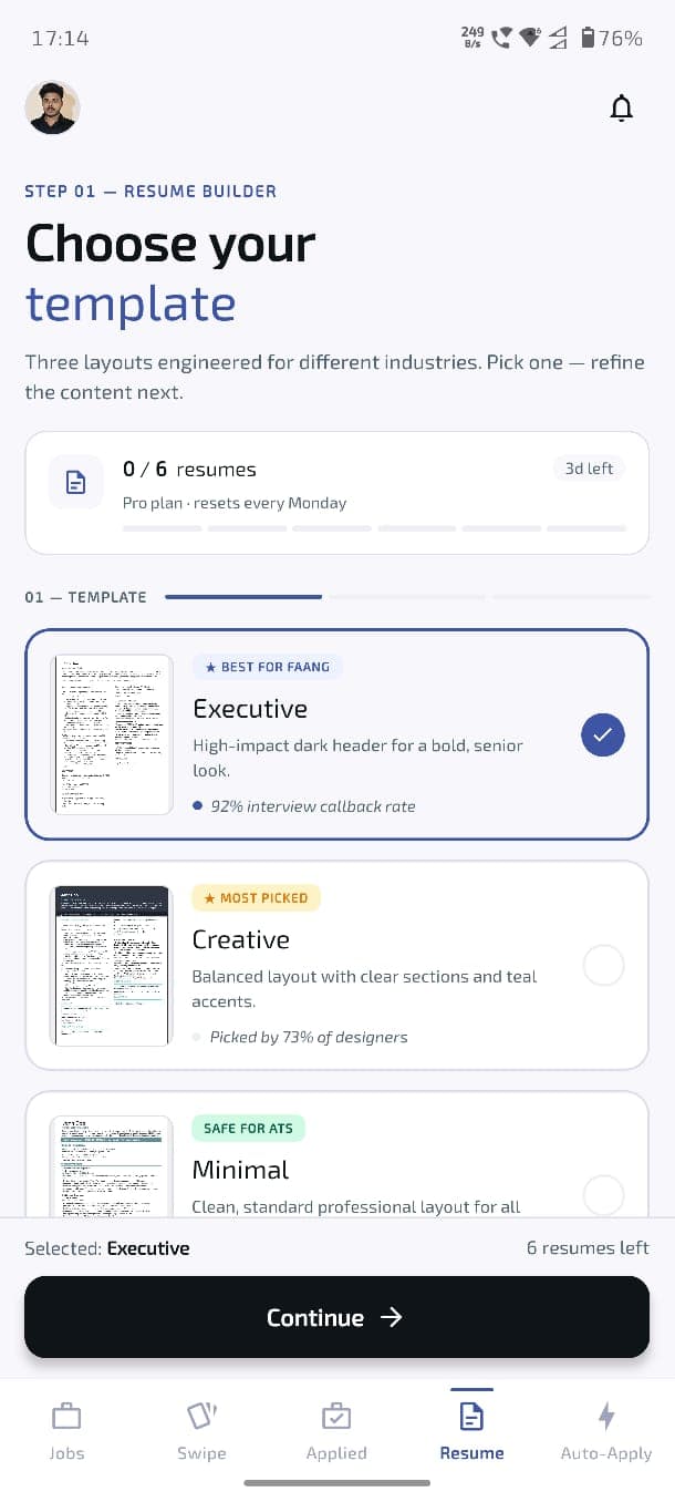 CloudHire mobile resume builder template selection