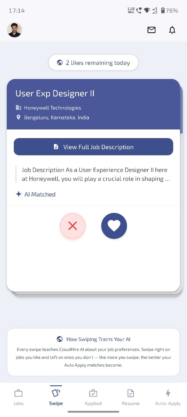 CloudHire mobile swipe-to-apply card interface