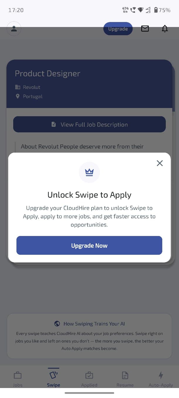 CloudHire mobile paywall pop-up prompting the user to upgrade to unlock Swipe to Apply